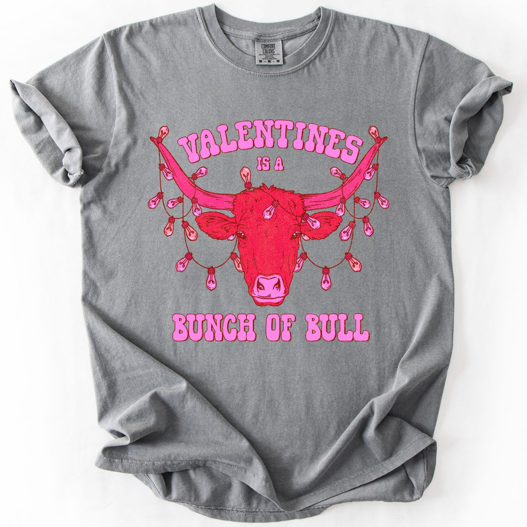 Valentine’s Is a Bunch of Bull western graphic tee on gray shirt with pink bull design