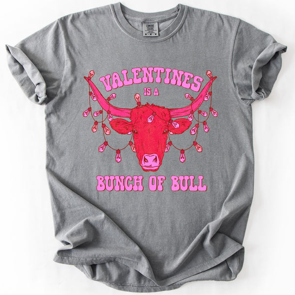 Valentine’s Is a Bunch of Bull western graphic tee on gray shirt with pink bull design
