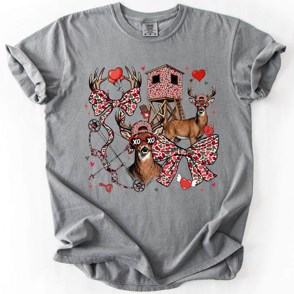 Coquette Valentine buck graphic tee in gray featuring retro hunting camo deer