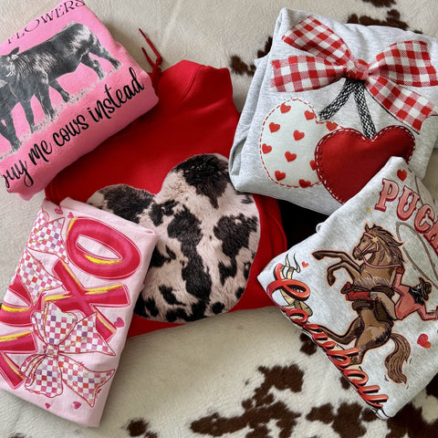 Mystery Bundle of Valentine’s Day southern graphic tees, hoodies, and pullovers with cow print hearts and western designs