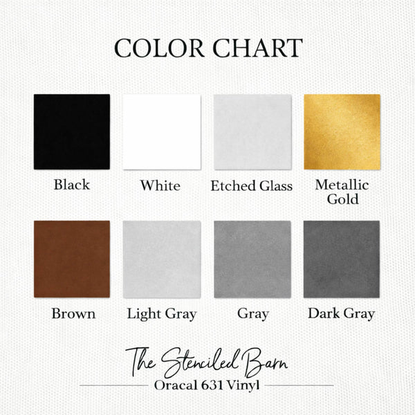 Vinyl color chart with black, white, etched glass, metallic gold, brown, light gray, gray, and dark gray swatches.