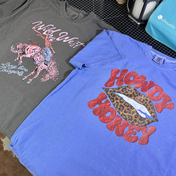 Western graphic tees featuring Wild West cowgirl rodeo design and Howdy Honey leopard lips design
