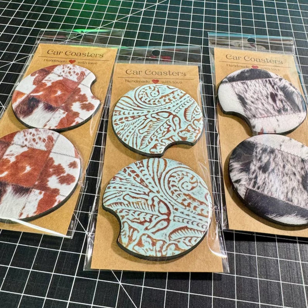 Western Neoprene Car Coaster Sets in Brown Cowhide Patchwork, Turquoise Tooled Leather, and Black Cowhide Prints