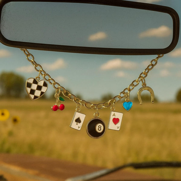 Rear view mirror car charm chain with checkerboard heart, cherries, cards, 8-ball, turquoise heart, and horseshoe charms