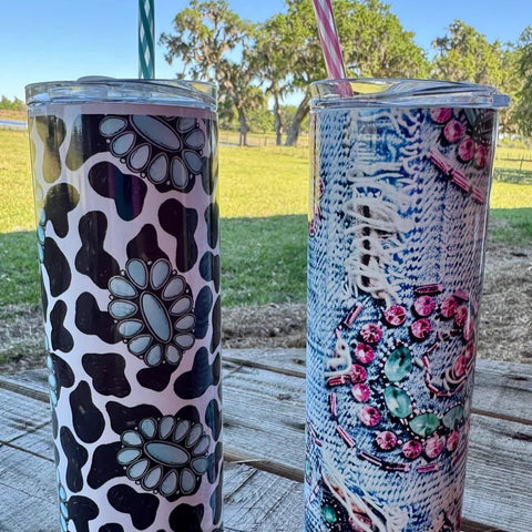 Western Trendy Tumblers | 20oz Stainless Steel Cups with Lid | Cow Print or Denim with Jewels Design - The Stenciled Barn