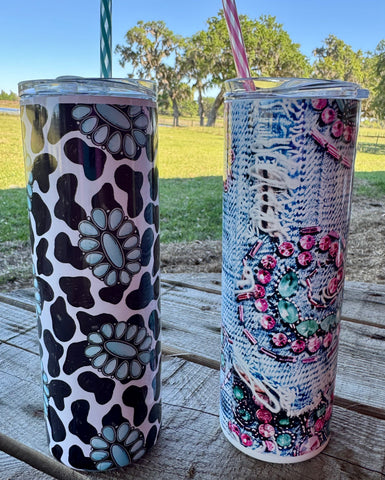 Western Theme Stainless Steel Tumbler, Cow Print Denim with Jewels