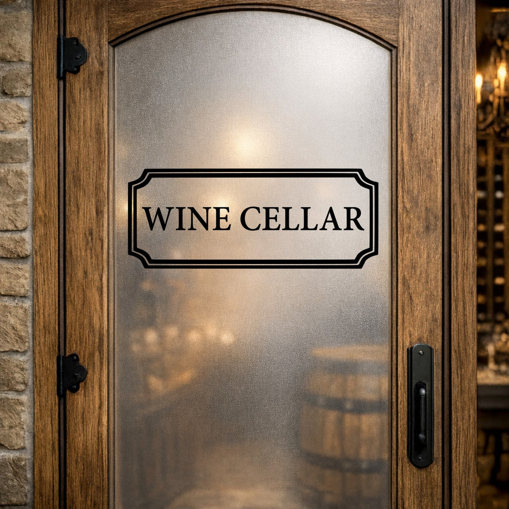 Wooden door with 'Wine Cellar' vinyl decal and view into a wine cellar with barrels.
