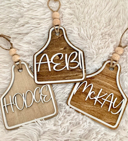 Wooden Cow Ear Tag | Cattle Themed Family Name Ornament