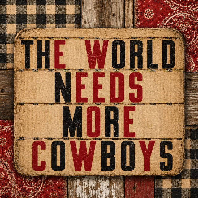 The World Needs More Cowboys vintage country sign with rustic wood, red bandana, black gingham, and farmhouse western decor style background.