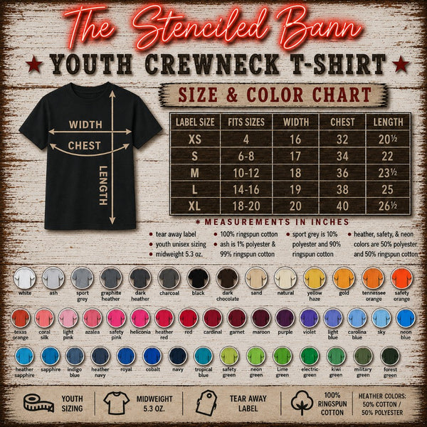 A Gildan size and color chart graphic for a youth crewneck t-shirt by The Stenciled Barn, featuring a black t-shirt with a chest measurement diagram, a size table from XS to XL, a color swatch grid, and product details on a rustic wooden background.