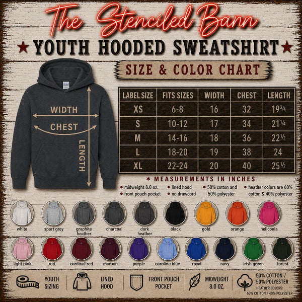A size and color chart graphic for a youth hooded sweatshirt by The Stenciled Barn, featuring a dark gray hoodie illustration, a measurement table from XS to XL, circular color swatches, and product feature icons on a rustic wood background.