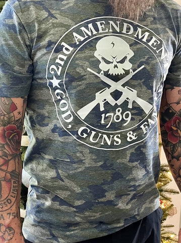 2nd Amendment Camo T-Shirt, God Guns and Family 1789