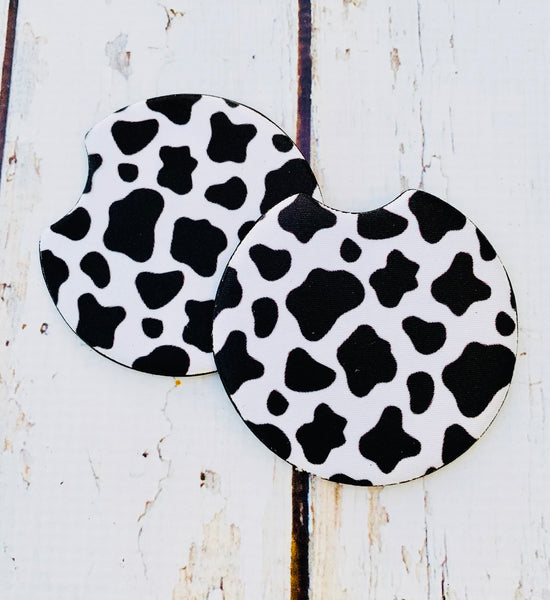 Cow Print Car Coasters, Country Style Vehicle Decor, Rubber Bottom, Universal Fit, Fingertip Grip Vehicle Cup Holder Inserts