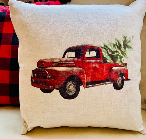 Red Truck Pillow Cover | Farmhouse Christmas Decor 16x16 Square Polyester